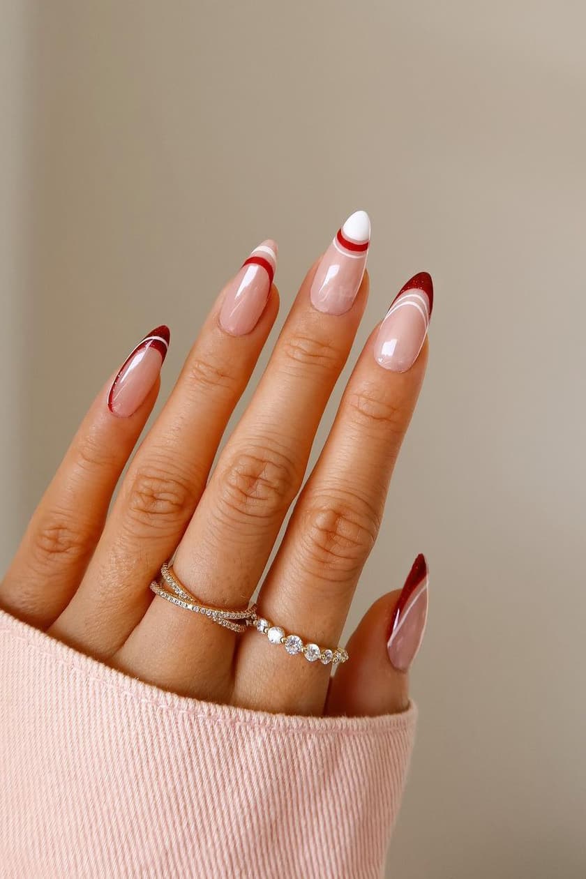Red and white almond nails