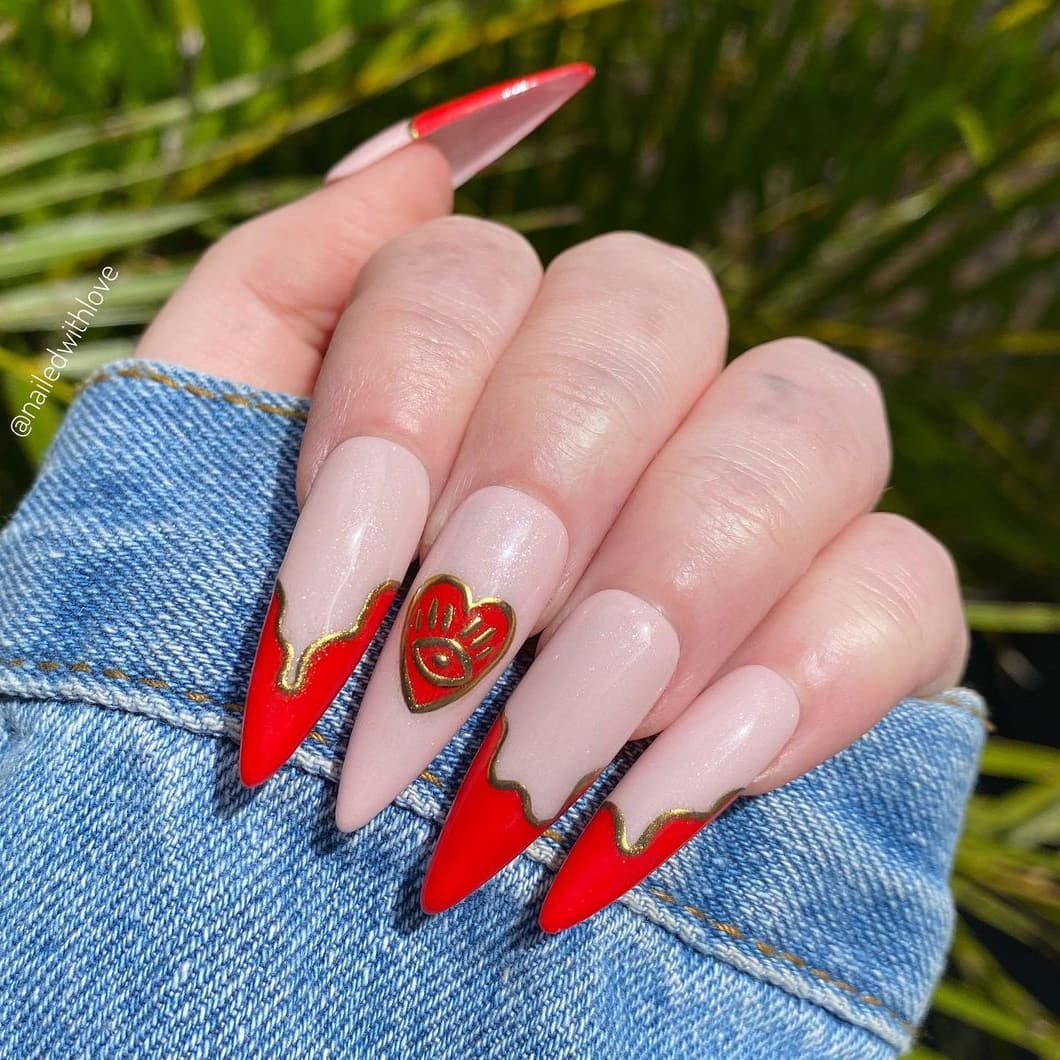 Red heart abstract long nails