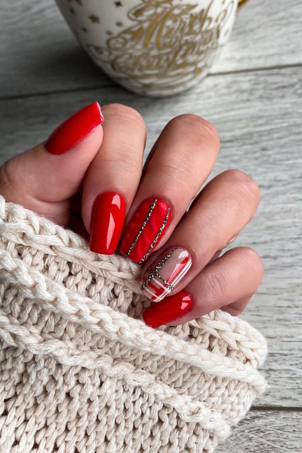 Red sweater and plaid shirt nails