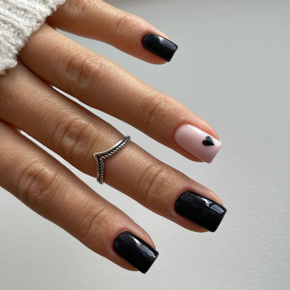 Small Black Heart Square Nails