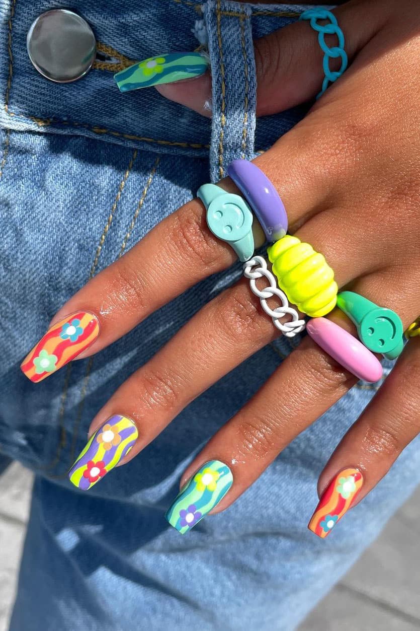 70s retro flower bright coffin nails