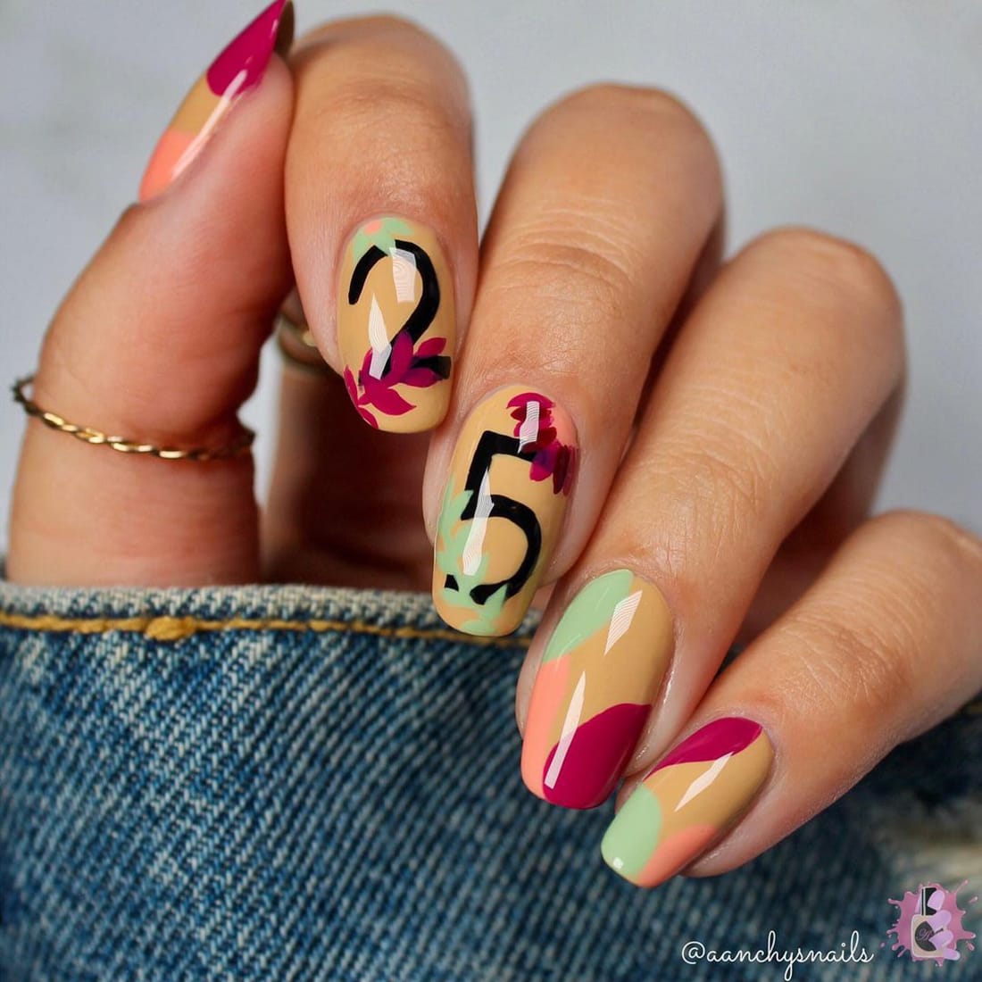 Birthday colored short nails with numbers