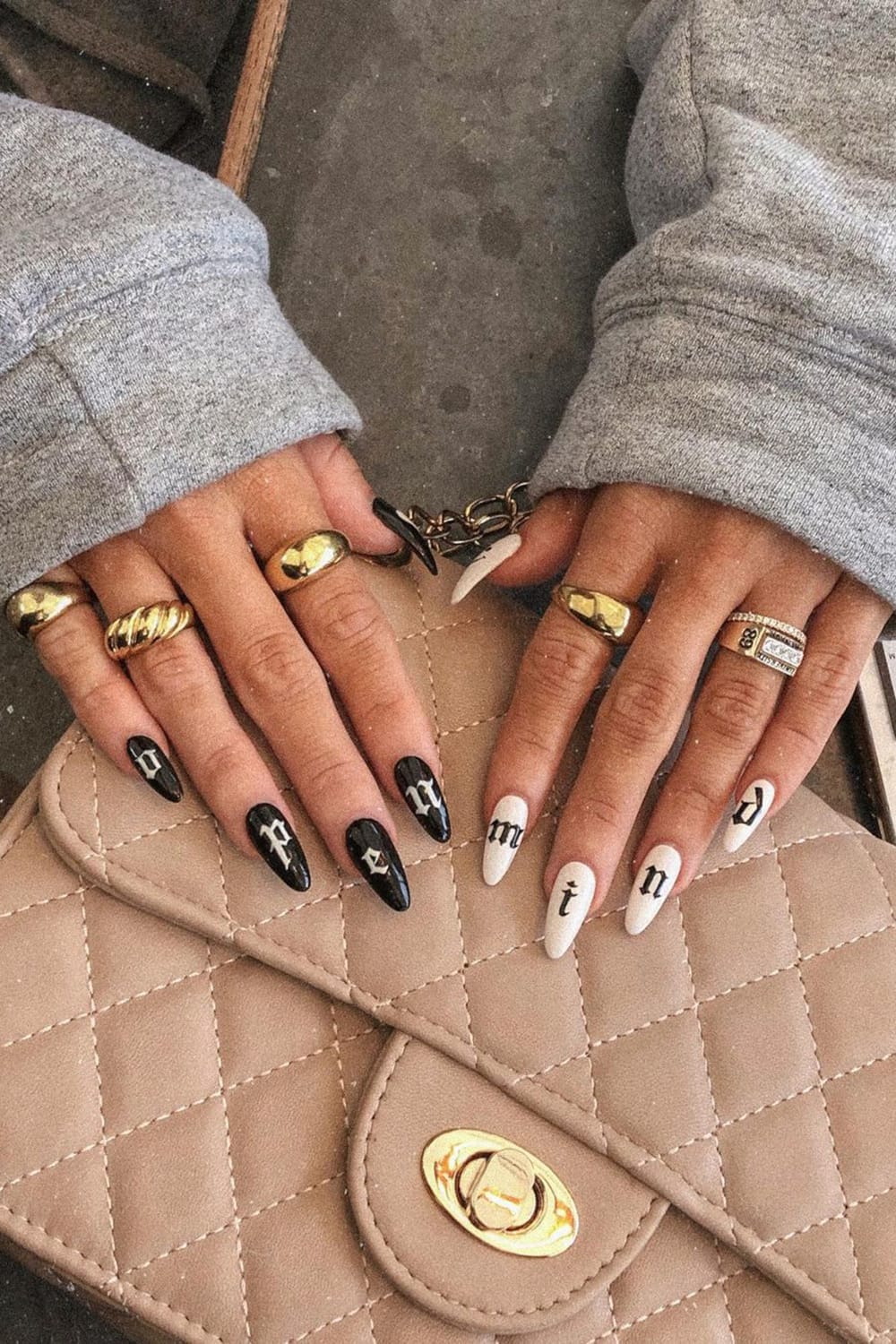 Black and white almond birthday nails