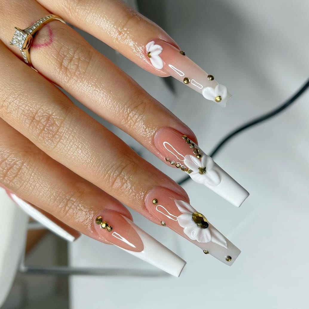 Flower birthday coffin long nails