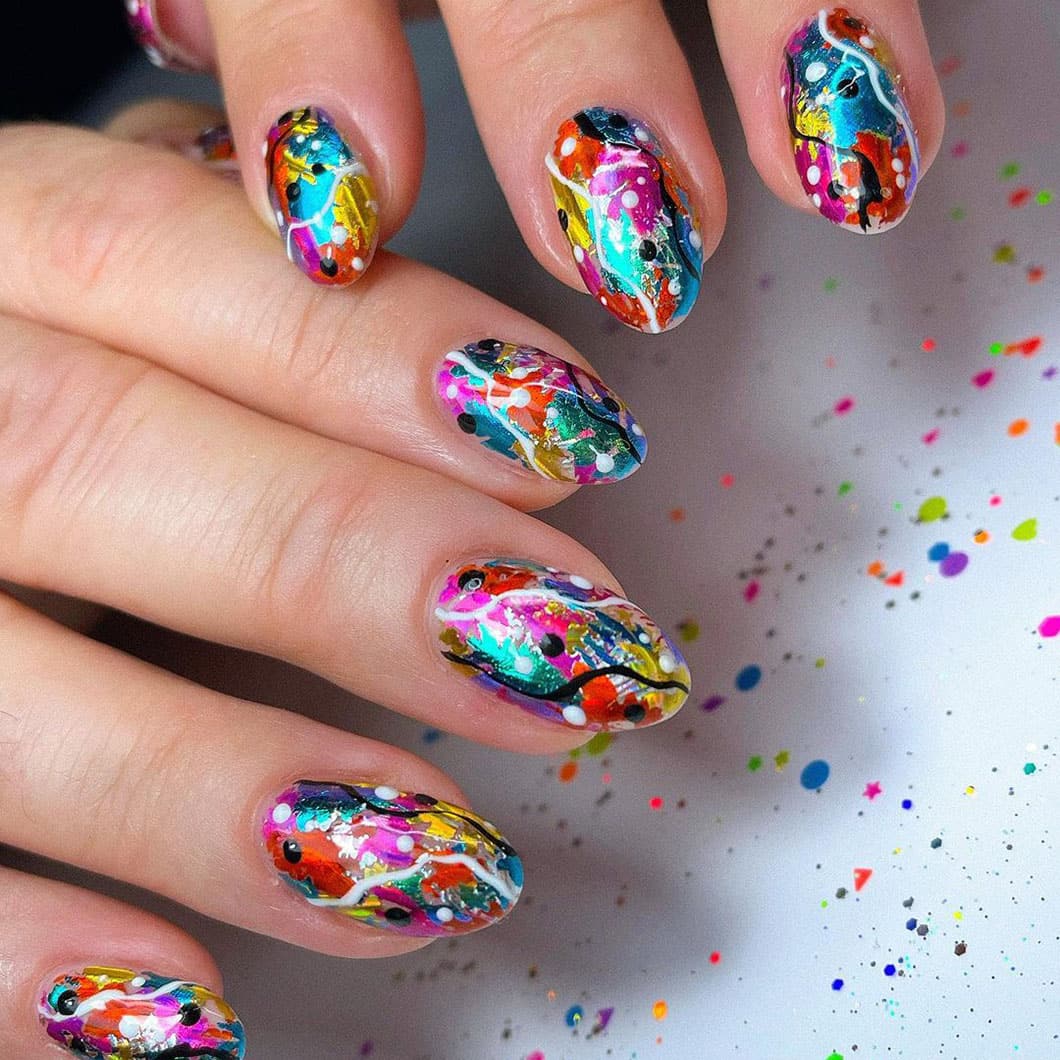 Messy colorful graffiti nails