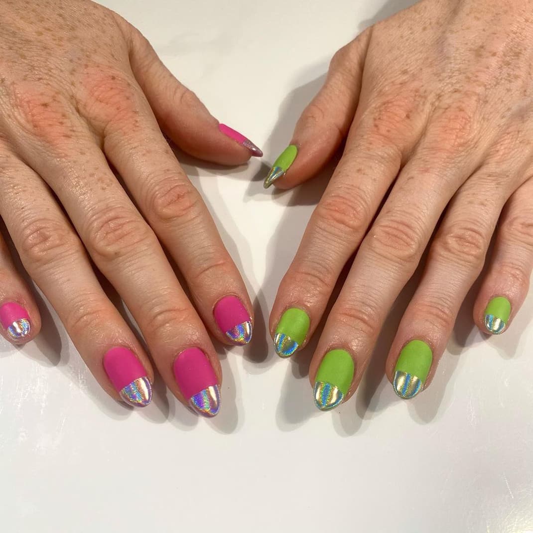 Pink Green Holographic Nails