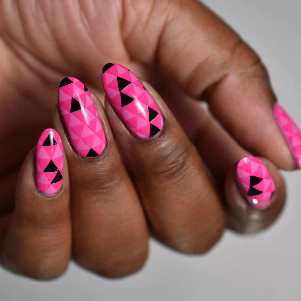 Pink and black geometric nails