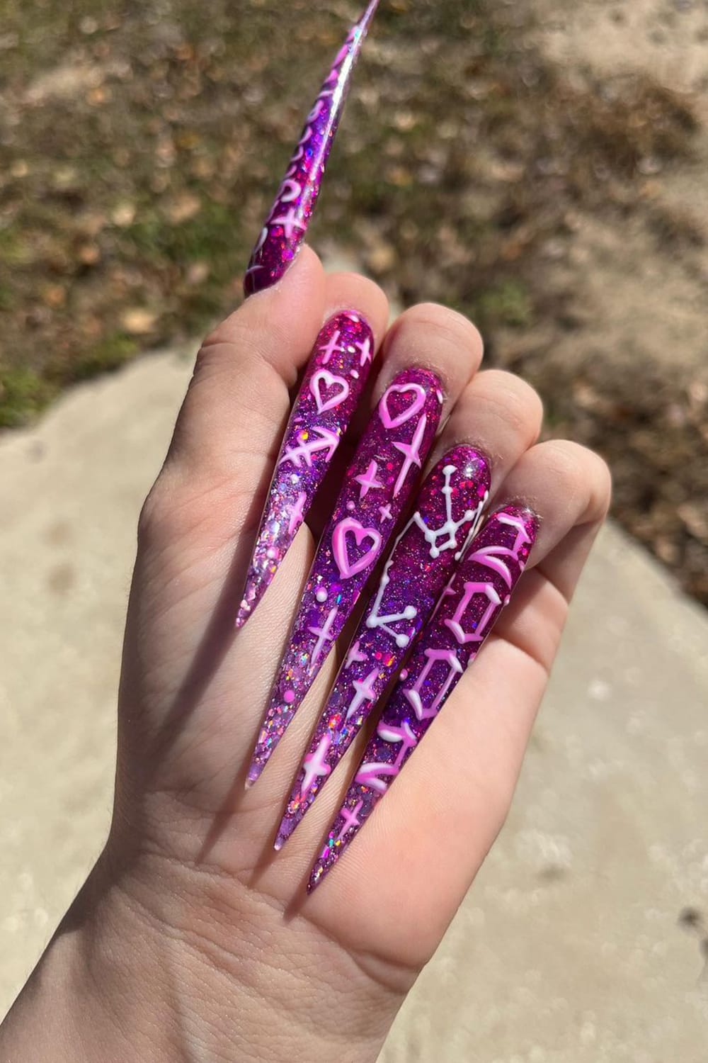 Purple birthday stiletto super long nails