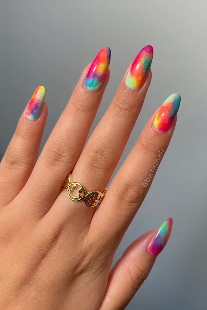 Rainbow watercolor art long nails