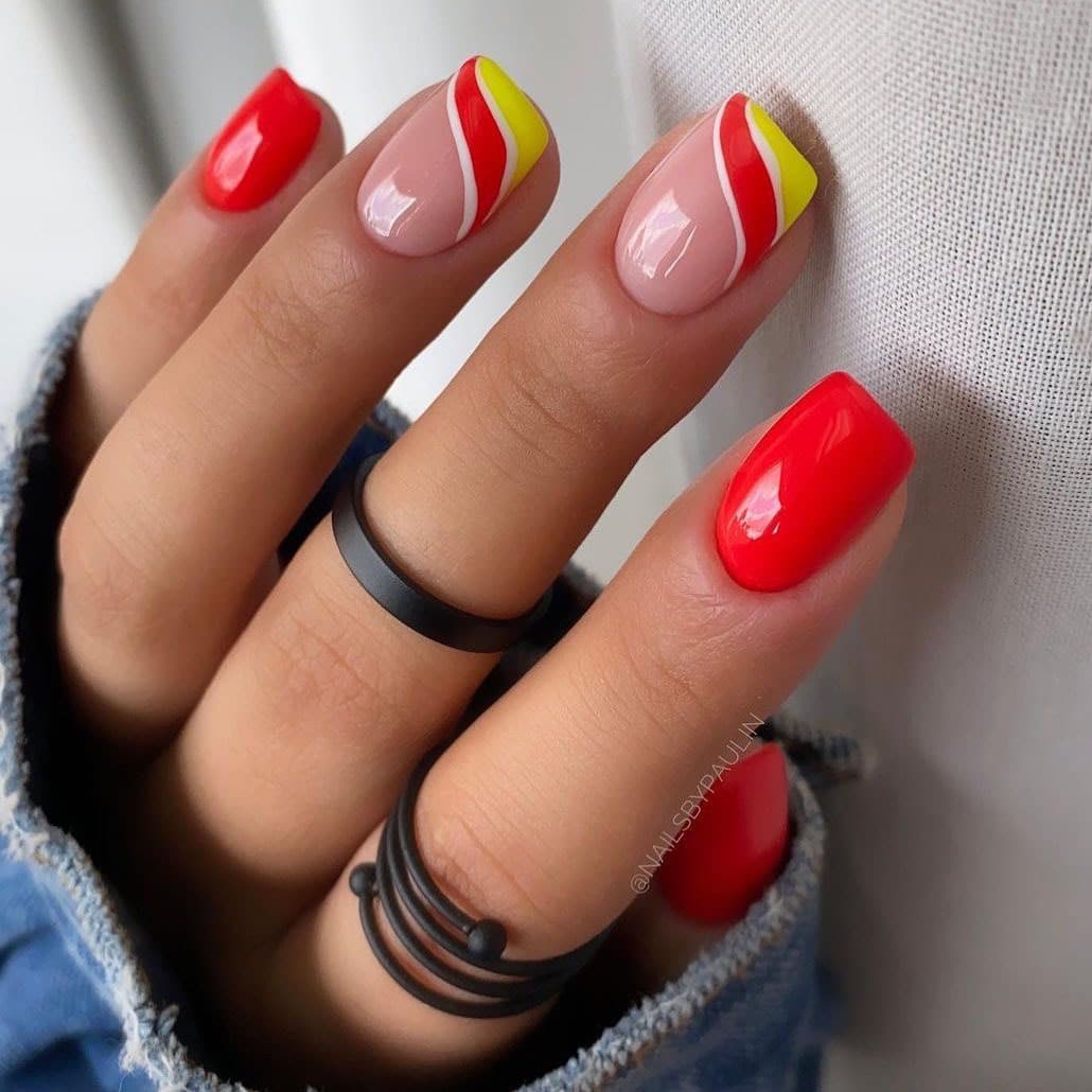 Red and yellow short nails