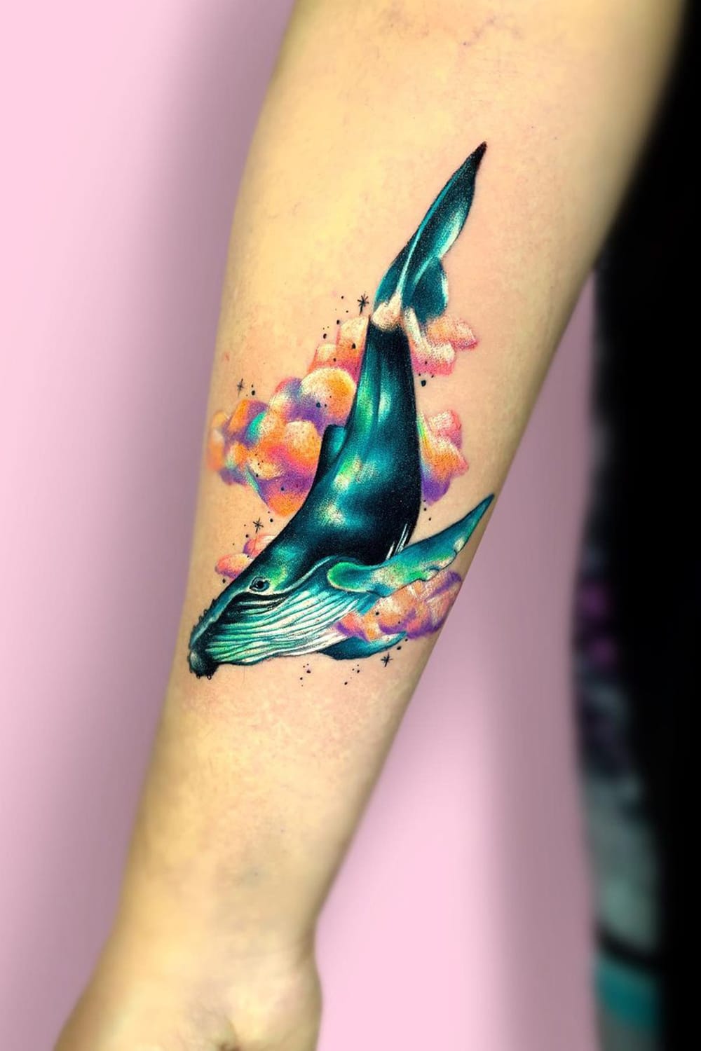 Whale and rainbow cloud tattoo