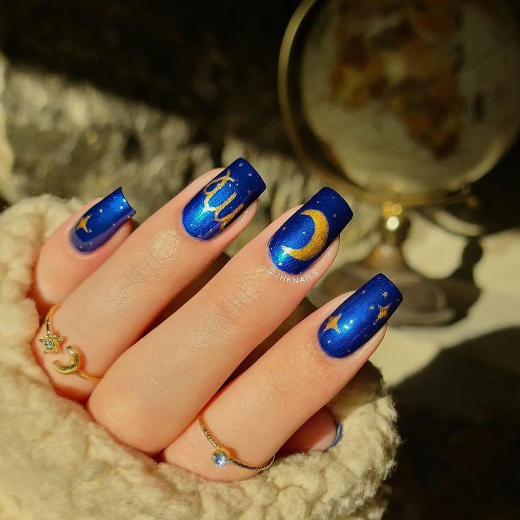 Blue and Gold Moon Nails