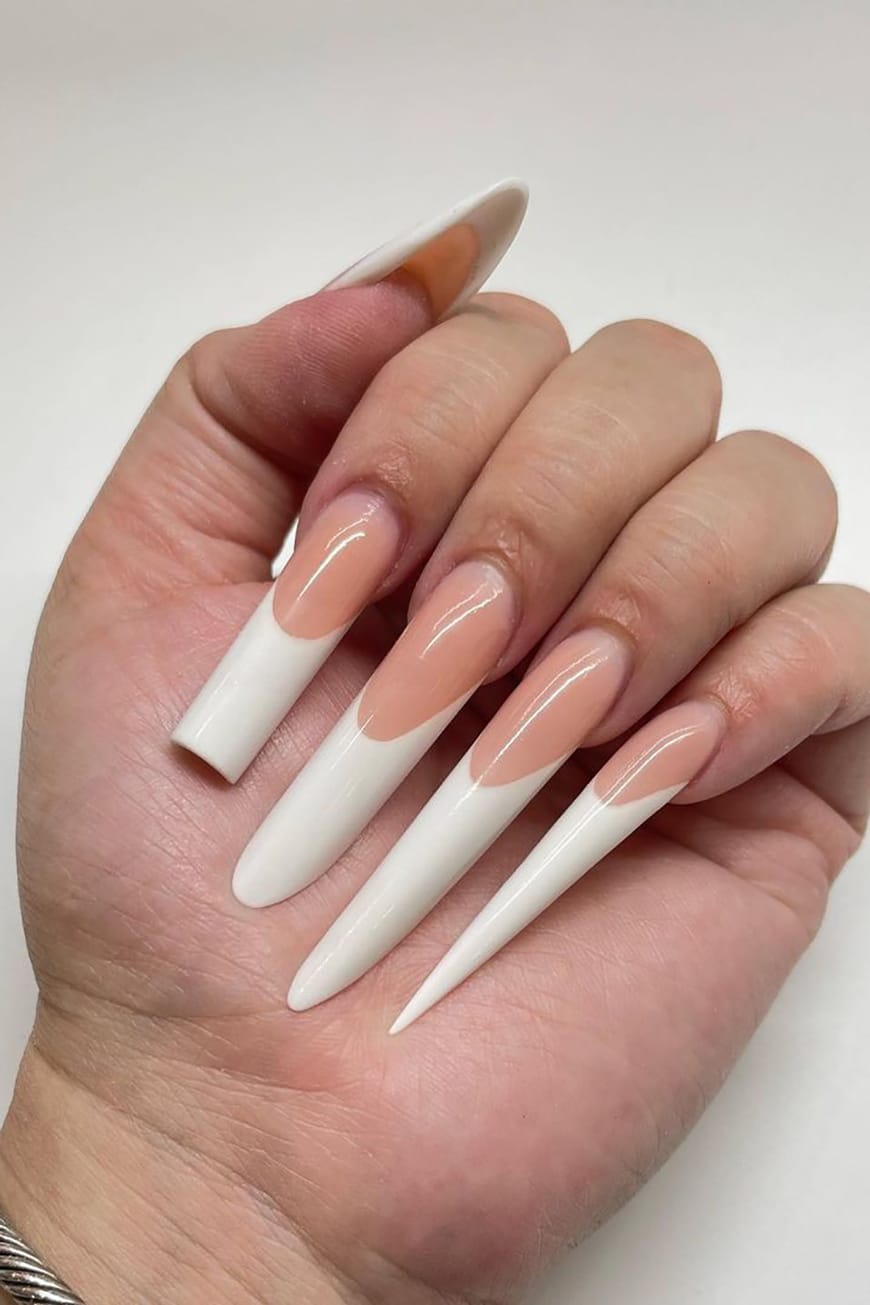 Creative Nude and White Spring Long Nails