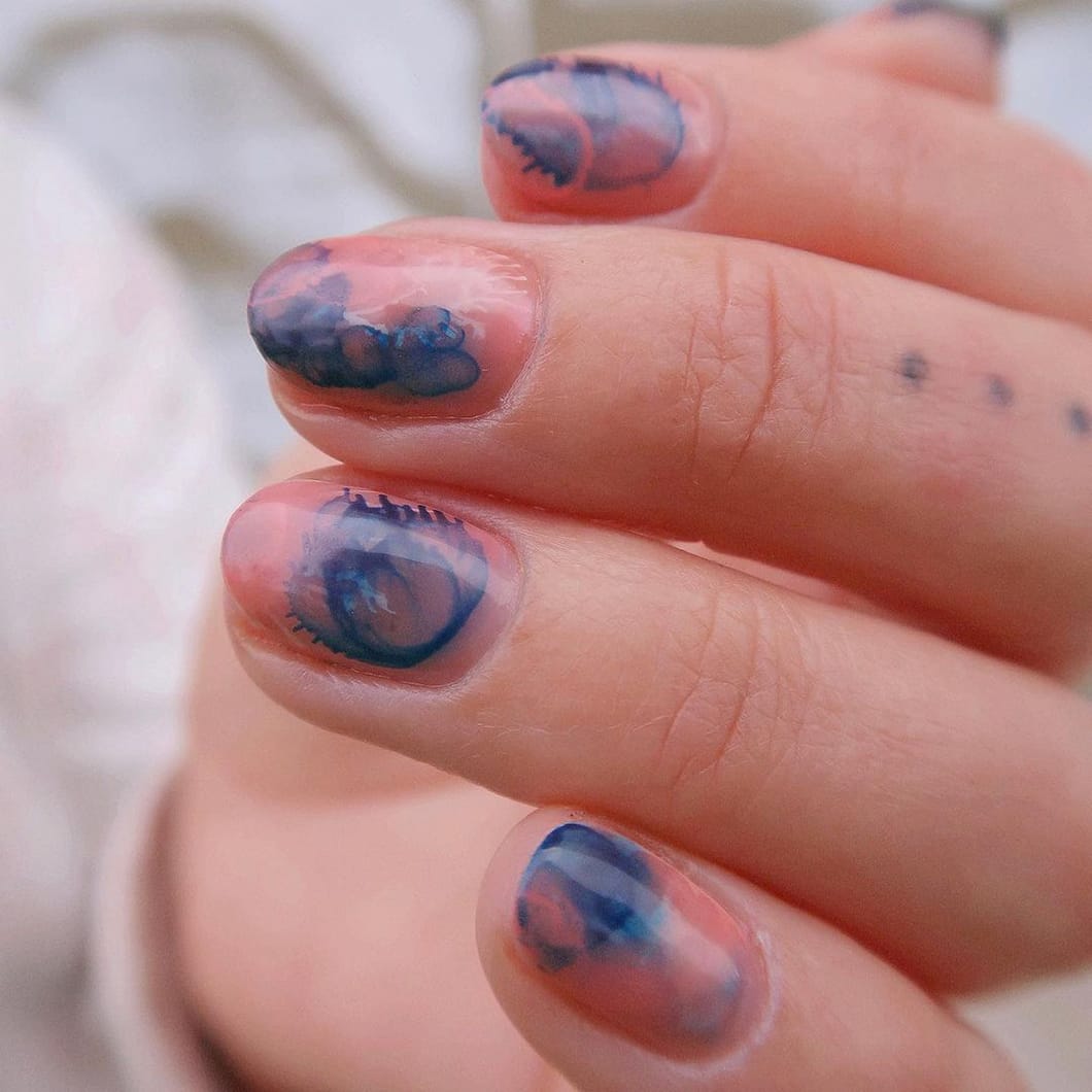 Fun blue watercolor nails
