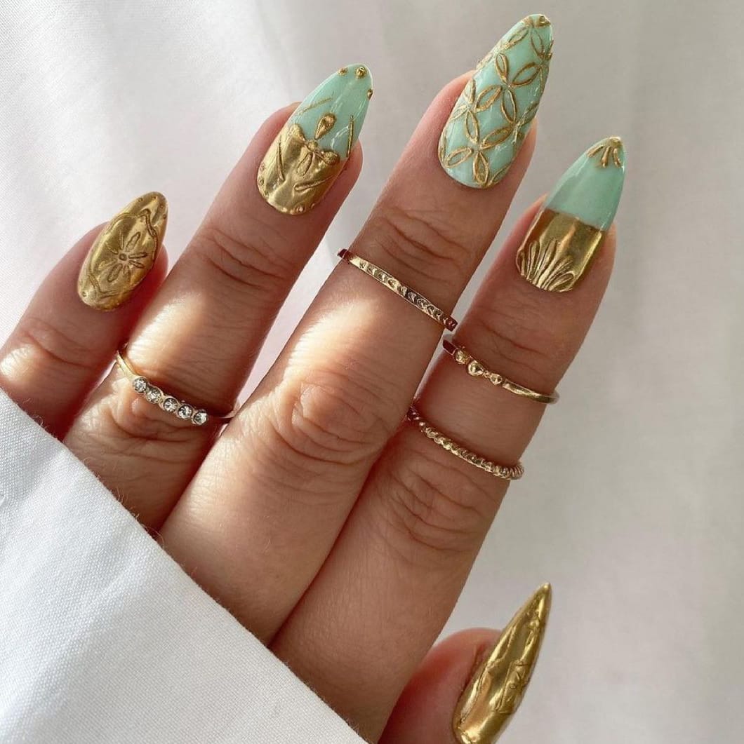 Gold and Mint Green Spring Long Nails