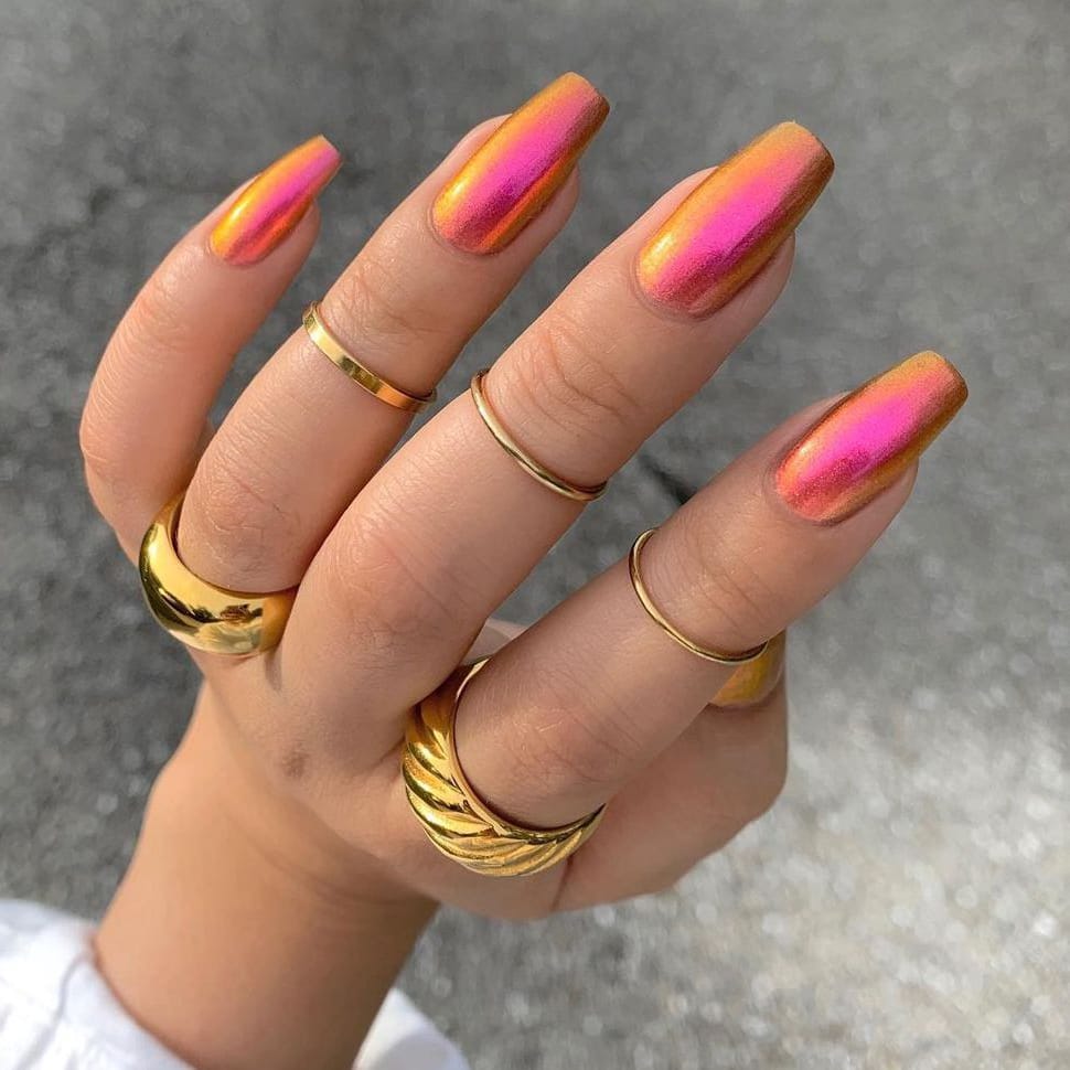 Hot Orange-Pink Spring Long Cat-Eye Nails