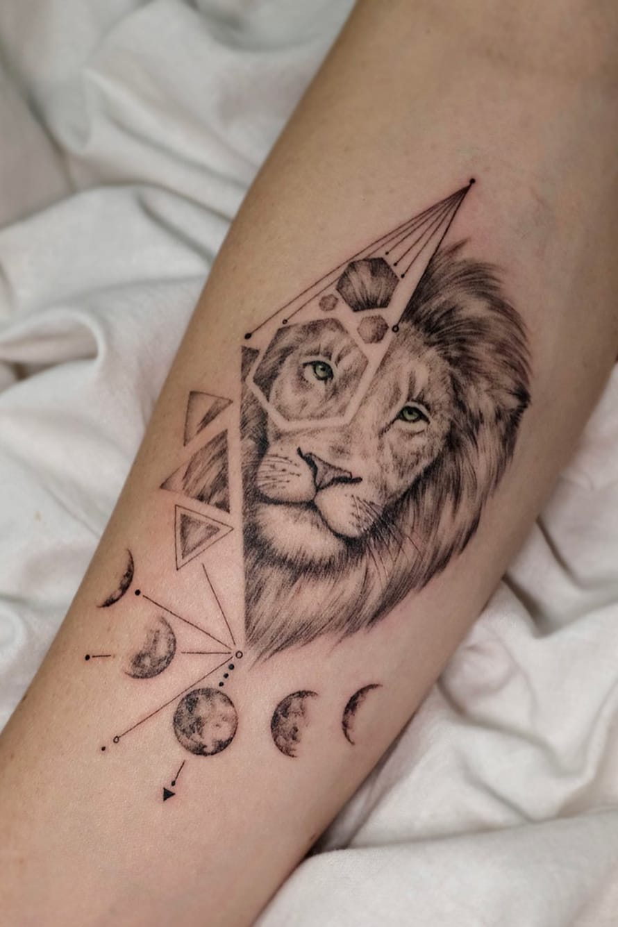 Lion and Moon Phase Tattoo