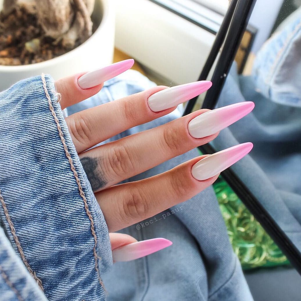 Ombre pale pink spring long almond nails