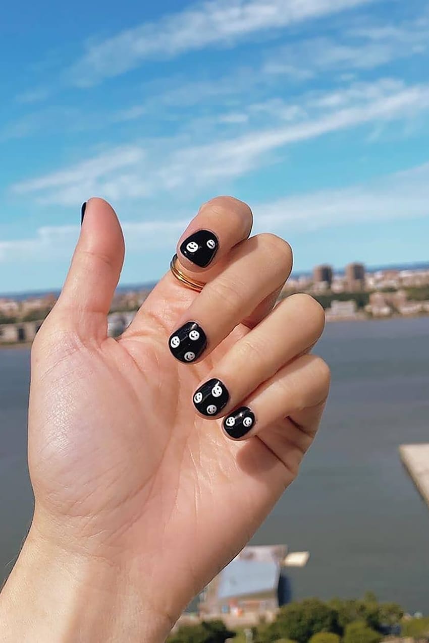 Black And White Smiley Face Short Nails