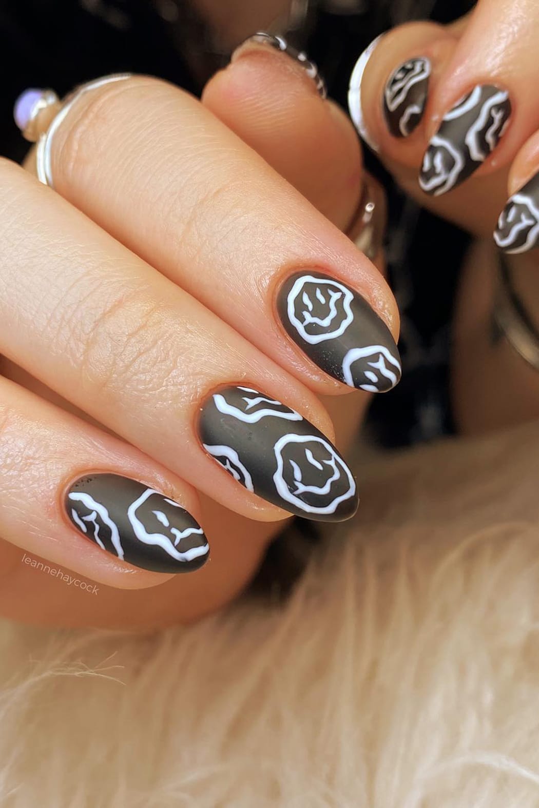 Black And White Smiley Face Matte Nails