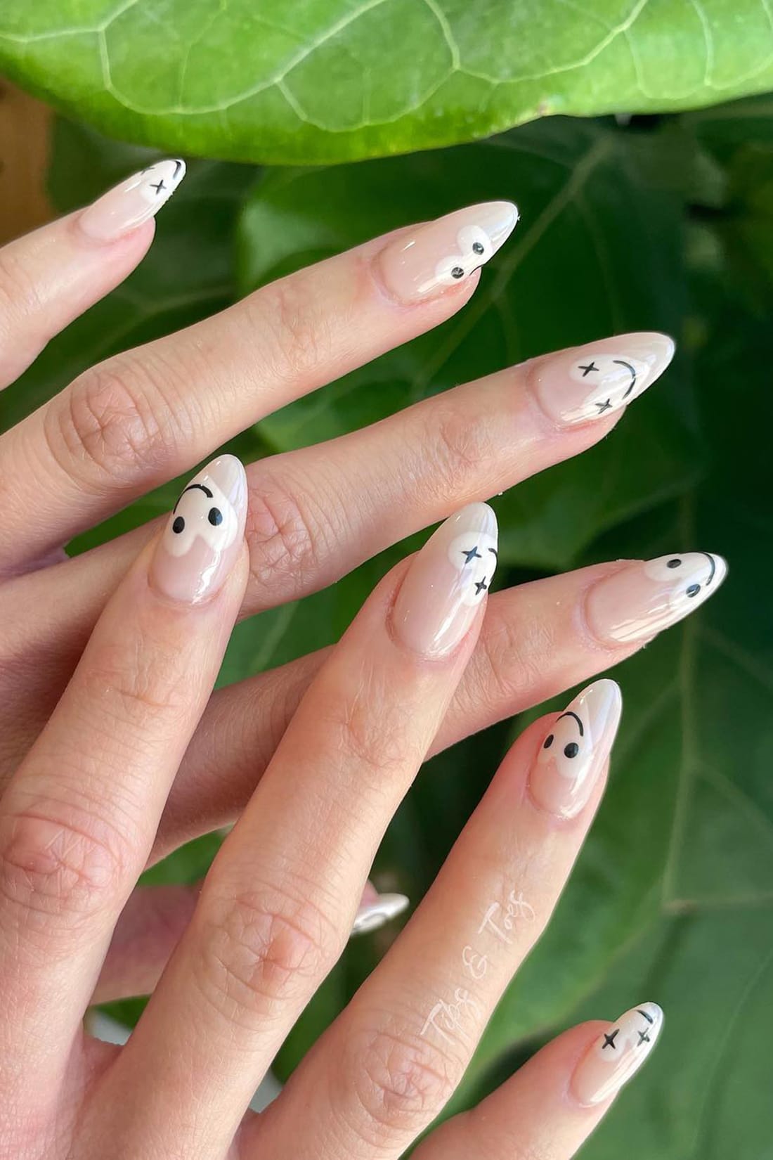 Cute Black And White Smiley Face Long Nails 