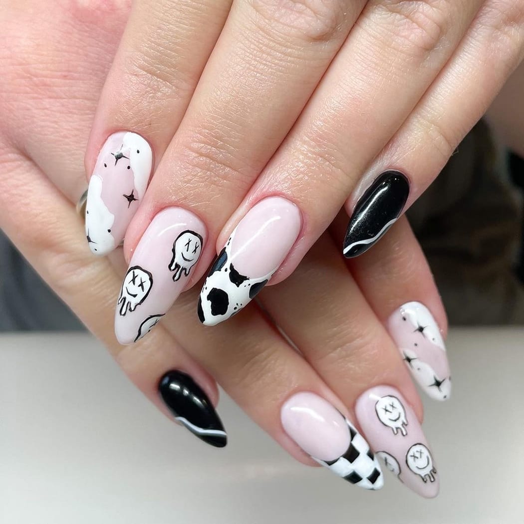 Trendy Black And White Smiley Face Long Nails