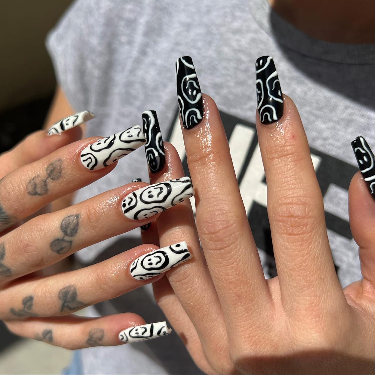 Trippy Black And White Smiley Face Long Nails 