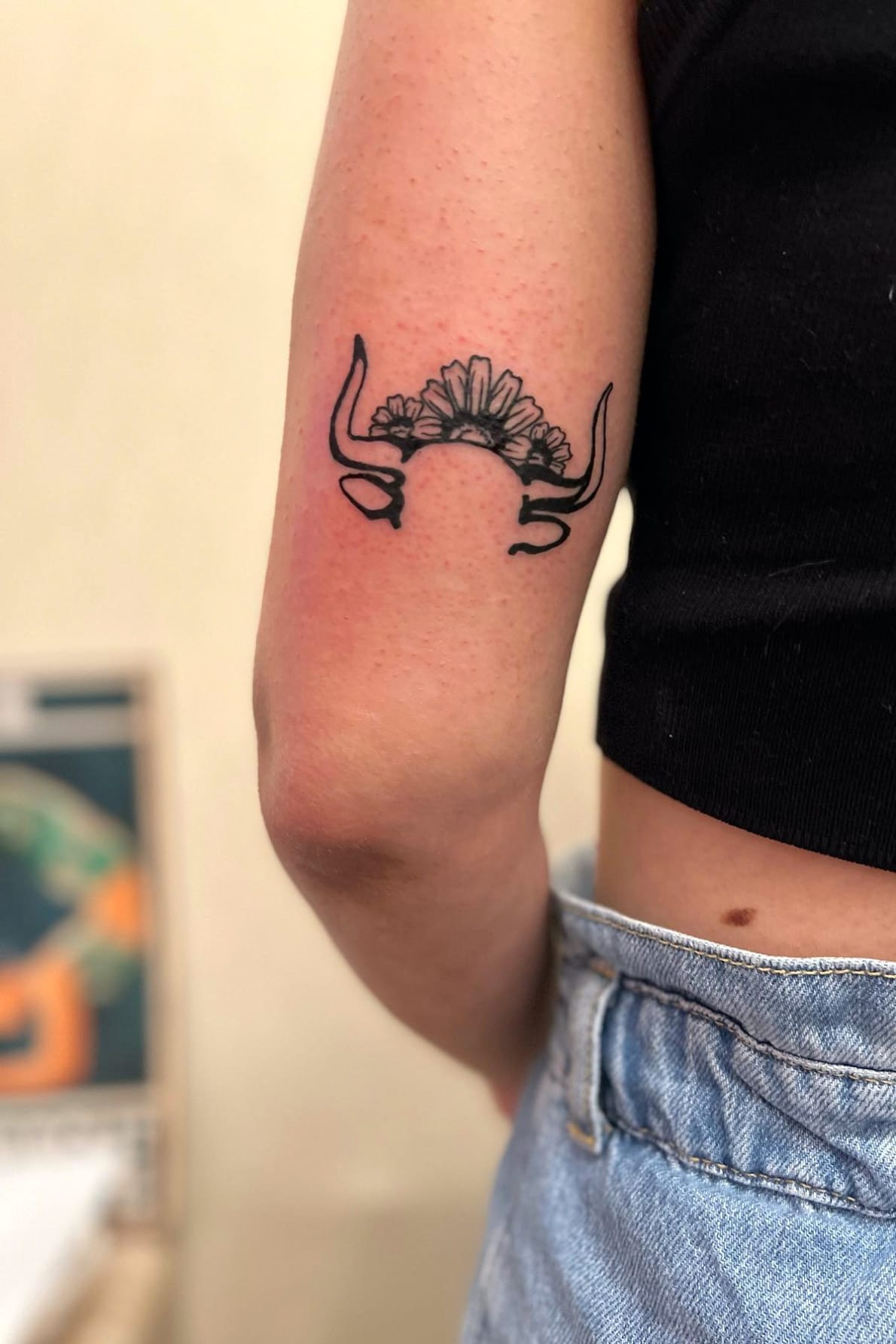 Floral and Bull Head Outline Tattoo