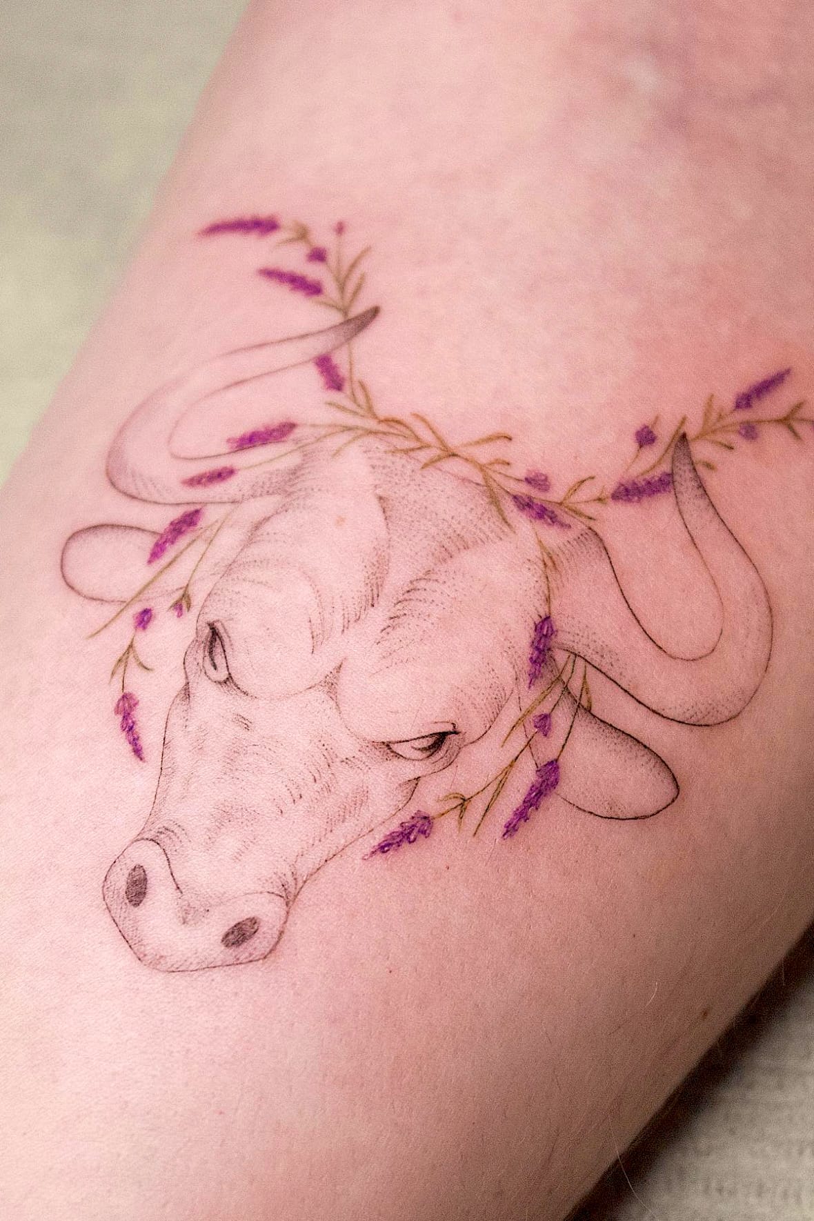 Bull with Flower Tattoo