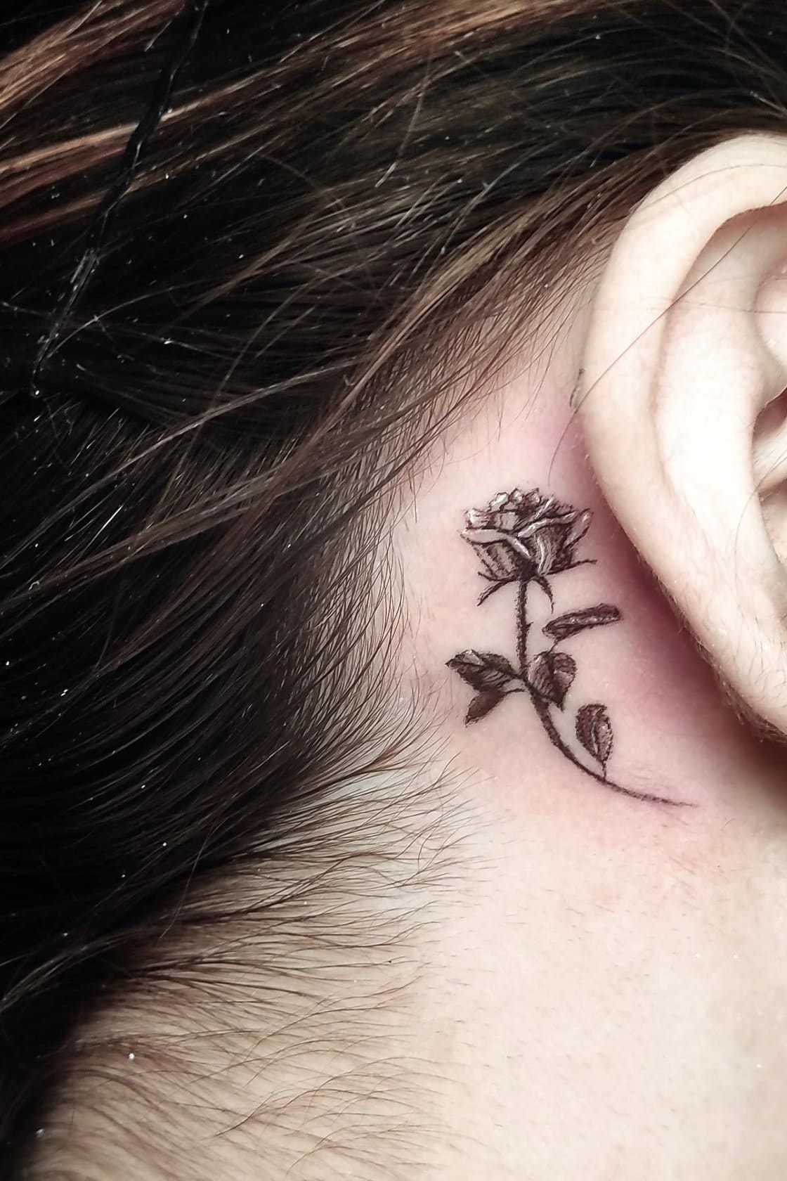 Small black rose tattoo behind ear