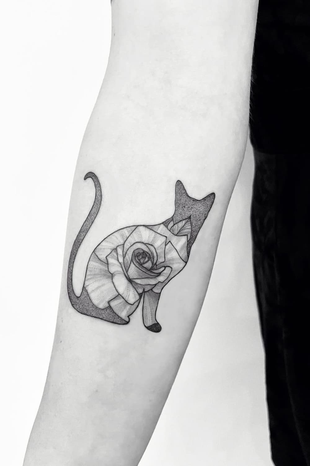 Cat and Rose Silhouette Tattoo
