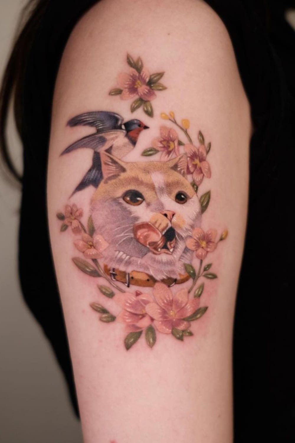 Cat and Swallow Tattoo