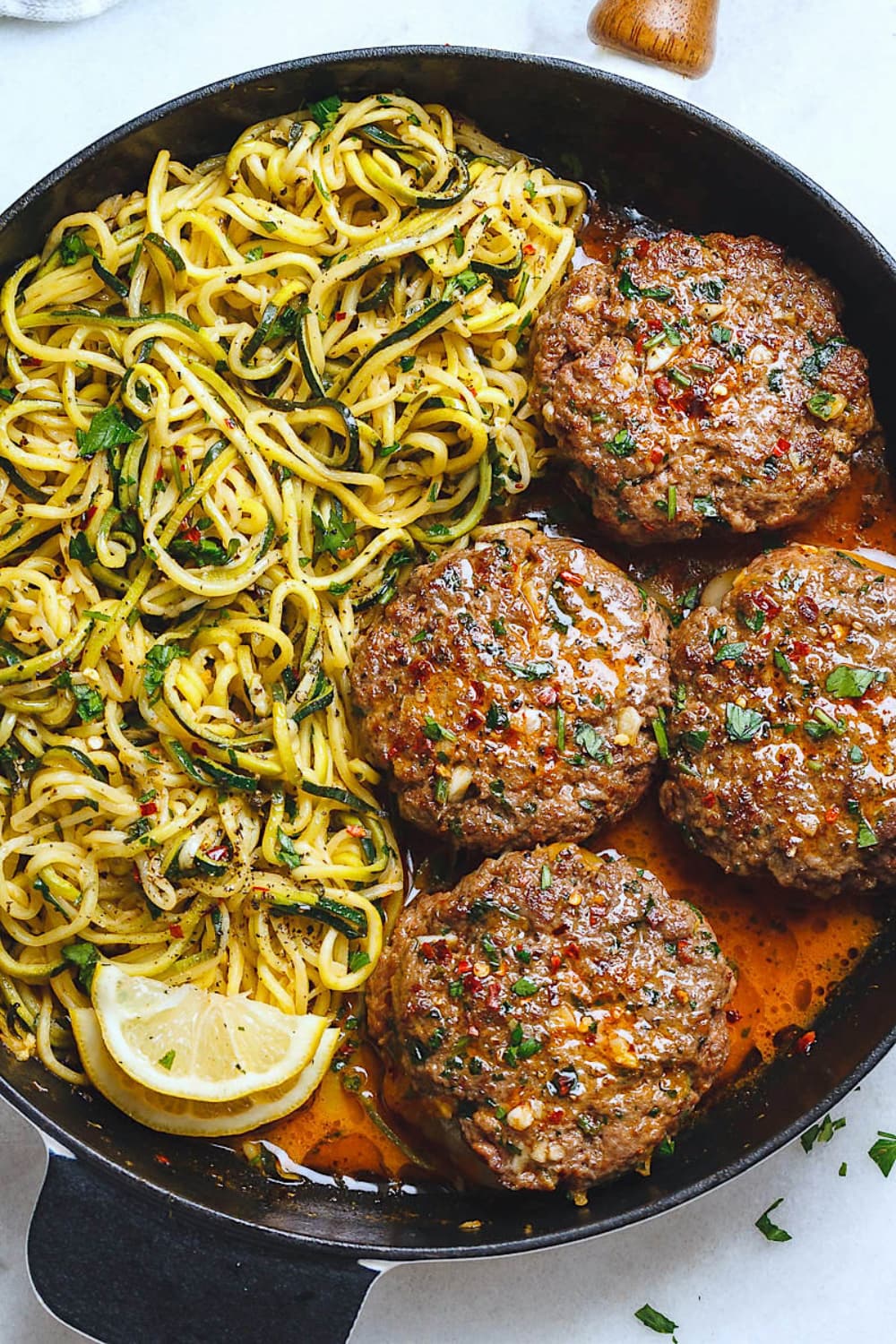 Cheesy Garlic Burgers with Lemon Butter Zucchini Noodles