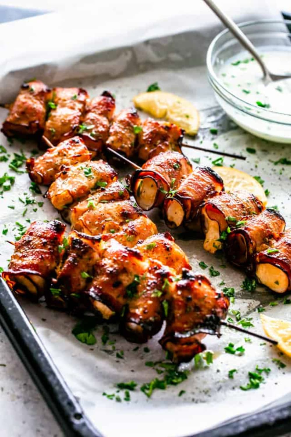 Oven Grilled Bacon Wrapped Chicken Skewers