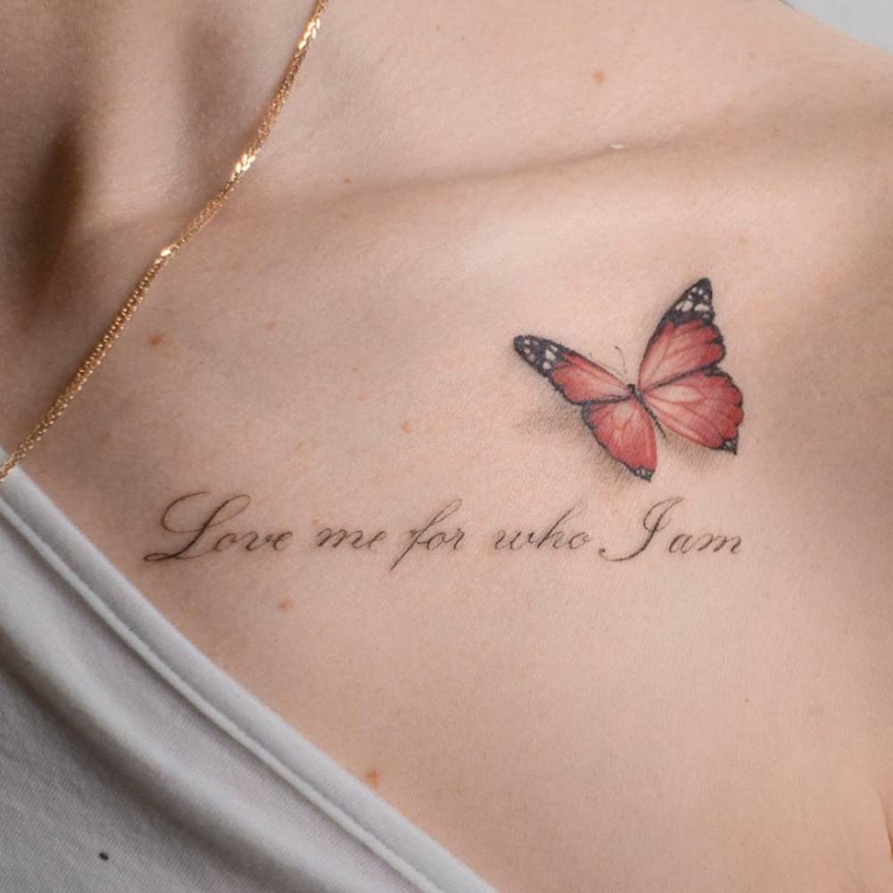 Red Butterfly Tattoo With Quote