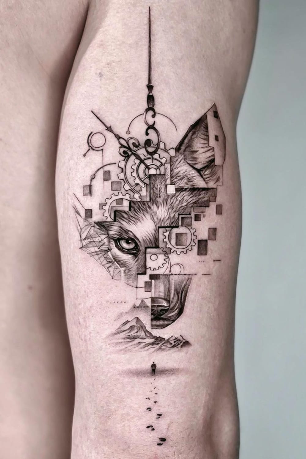 Wolf and Clock Tattoo
